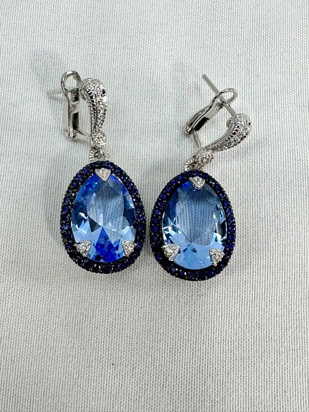 New Judith Ripka Capri Sterling Silver Pear Blue Crystal Lever Back CZ Earrings